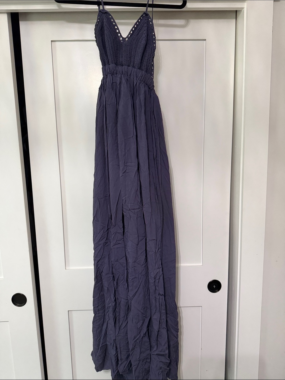 Windsor Slate Blue Crochet V-Neck Spaghetti Strap Maxi Dress